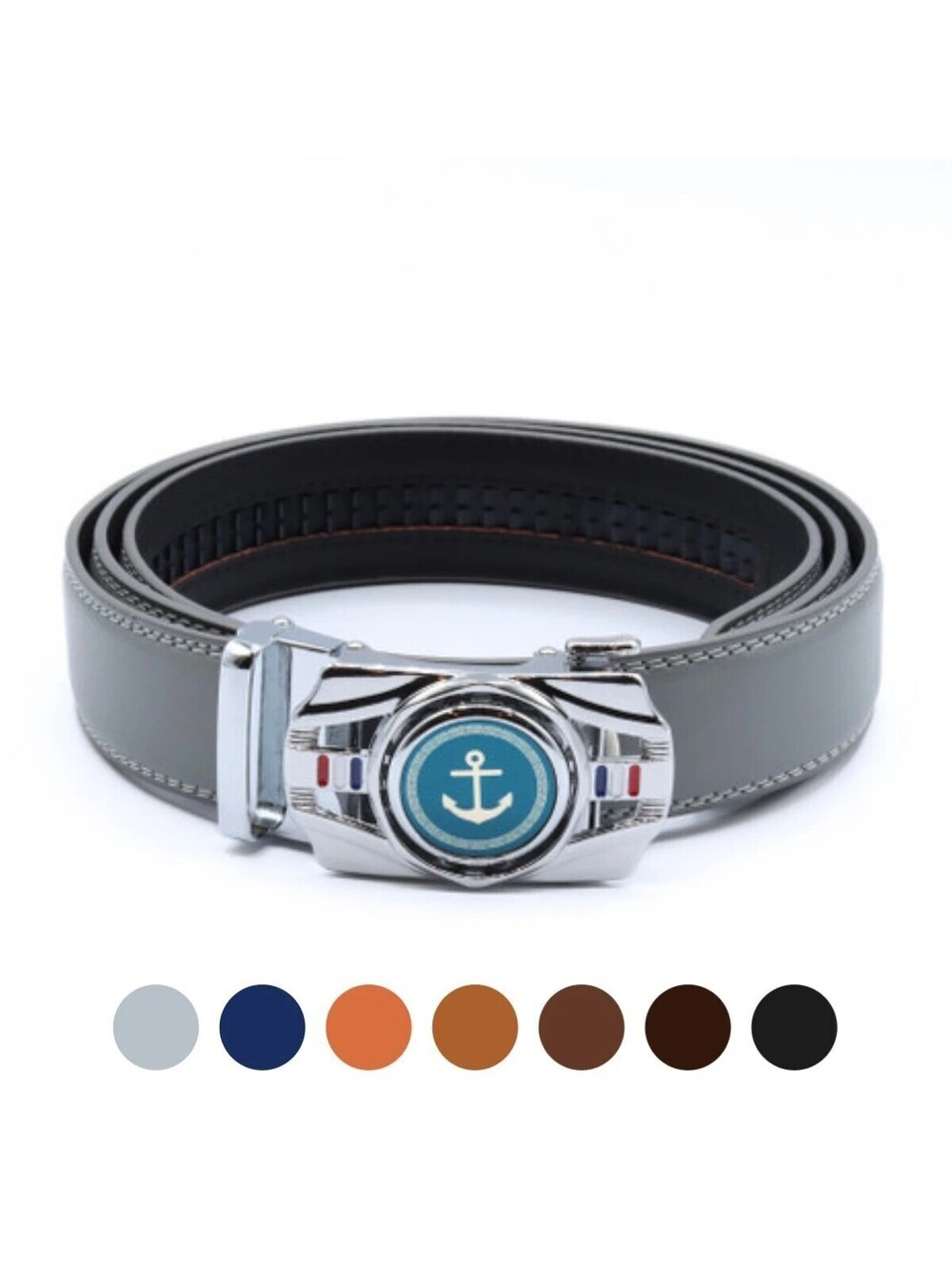 46" Men's Anchor Rotating Ratchet Black Genuine Leather Belt MGLBB58-SIL-BK